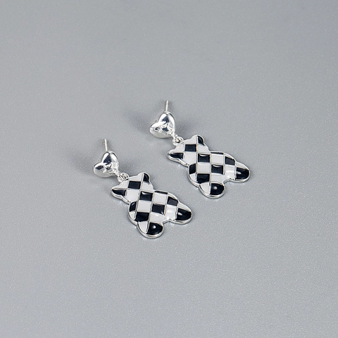 925 Argento Sterling Nero Bianco Scacchiera Orso Orecchini a Bottone Smalto Cuore Goccia Olio Animale Orecchini Per Donne