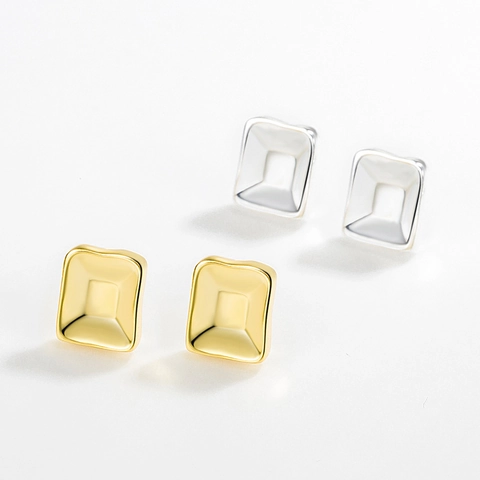 Orecchini a Bottone Quadrati Concavi Geometrici in Argento Sterling 925 per Donna Stile Coreano Minimalista Oro Argento Piccoli Gioielli