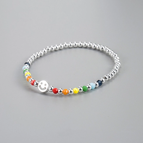 925 Sterling Silver Smiley Face Rainbow Beaded Elastic Bracelet Minimalist Fashion Jewelry Birthday Gift For Women Girl
