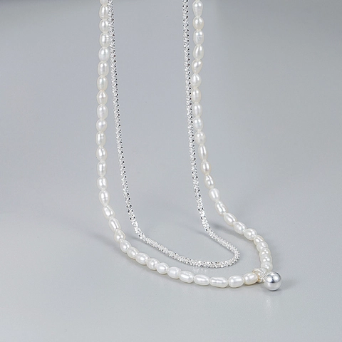 Vintage 925 Sterling Silver Double Layer Necklace With Baroque Freshwater Pearl And Mirror Polished Ball Pendant For Women Jewelry
