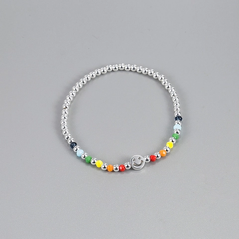 925 Sterling Silver Smiley Face Rainbow Beaded Elastic Bracelet Minimalist Fashion Jewelry Birthday Gift For Women Girl