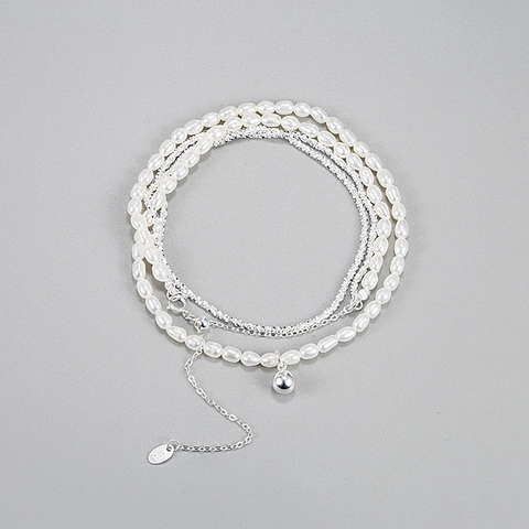 Vintage 925 Sterling Silver Double Layer Necklace With Baroque Freshwater Pearl And Mirror Polished Ball Pendant For Women Jewelry