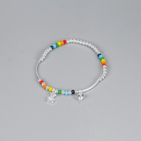 925 Sterling Zilver Regenboog Kralen Armband Voor Vrouwen Zoet Beer Hart Hanger Handgemaakt Eenvoudige INS Mode Sieraden Armband