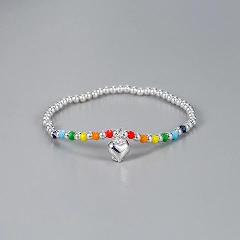 Handmade S925 Sterling Silver Rainbow Beaded Heart Pendant Bracelet For Women Ins Style Adjustable Elastic Jewelry Gift