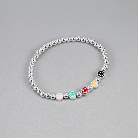 Pulsera de Cuentas de Cara Sonriente de Plata de Ley 925 Para Mujer Lindo Colgante de Sonrisa Joyería de Moda Elástica