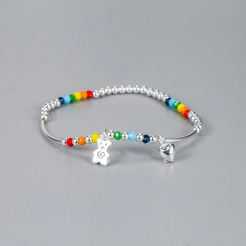 925 Sterling Zilver Regenboog Kralen Armband Voor Vrouwen Zoet Beer Hart Hanger Handgemaakt Eenvoudige INS Mode Sieraden Armband