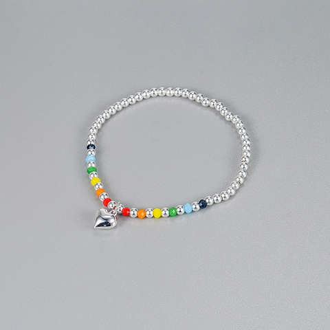 Handmade S925 Sterling Silver Rainbow Beaded Heart Pendant Bracelet For Women Ins Style Adjustable Elastic Jewelry Gift