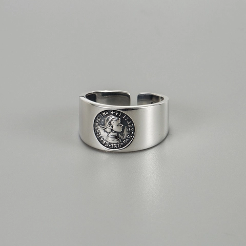 Minimalist S925 Sterling Silver Coin Portrait Embossed Wide Adjustable Open Ring For Women Vintage Daily Fashion Jewelry