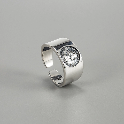 Minimalist S925 Sterling Silver Coin Portrait Embossed Wide Adjustable Open Ring For Women Vintage Daily Fashion Jewelry