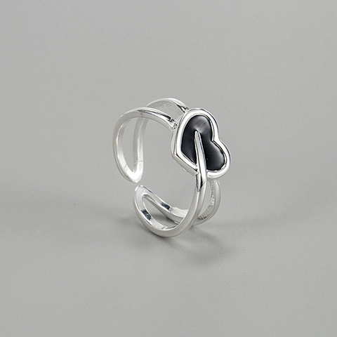 Koreaanse S925 Sterling Zilver Dubbele Laag Kruis Open Ring Zwart Emaille Hart Verstelbare Vingerring Voor Vrouwen Sieraden