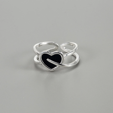 Koreaanse S925 Sterling Zilver Dubbele Laag Kruis Open Ring Zwart Emaille Hart Verstelbare Vingerring Voor Vrouwen Sieraden
