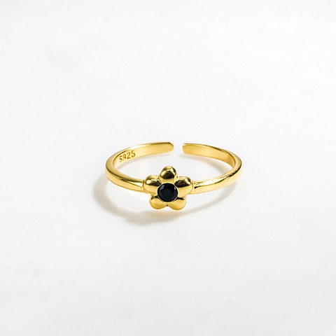 Anillo Abierto de Plata de Ley S925 Trébol de Cuatro Hojas para Mujer Diamante de Imitación Negro Incrustado Anillo Ajustable Joyería