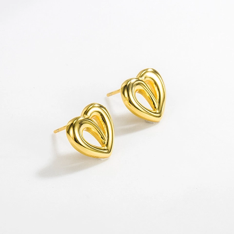 Pendientes de Botón de Corazón Hueco de Plata de Ley 925 Minimalistas Bañados en Oro Plata Geométricos Estilo Coreano Joyería