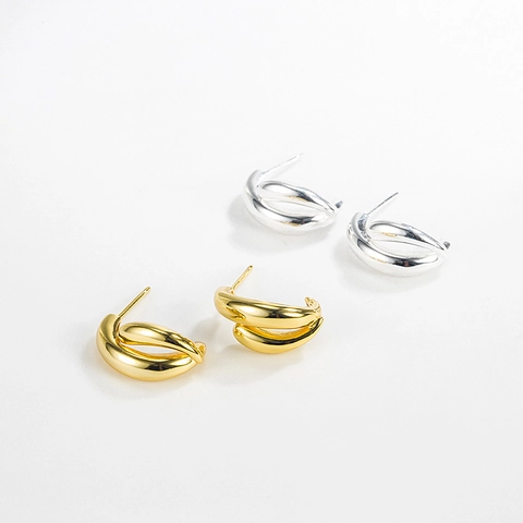 925 Sterling Silver Minimalist Geometric Double Hoop Stud Earrings For Women Personalized Chic Metal Gold Silver Jewelry