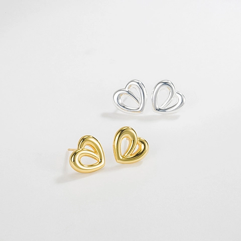 Pendientes de Botón de Corazón Hueco de Plata de Ley 925 Minimalistas Bañados en Oro Plata Geométricos Estilo Coreano Joyería