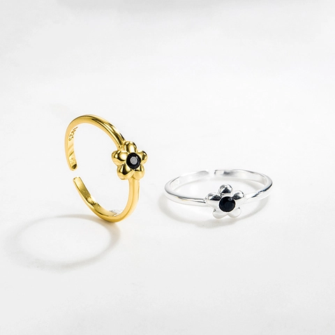 Anillo Abierto de Plata de Ley S925 Trébol de Cuatro Hojas para Mujer Diamante de Imitación Negro Incrustado Anillo Ajustable Joyería