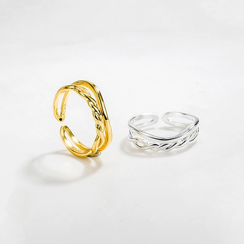 925 Sterling Silver Double Layer Open Ring For Women Minimalist Geometric Twisted Braid Adjustable Fashion Finger Ring Jewelry