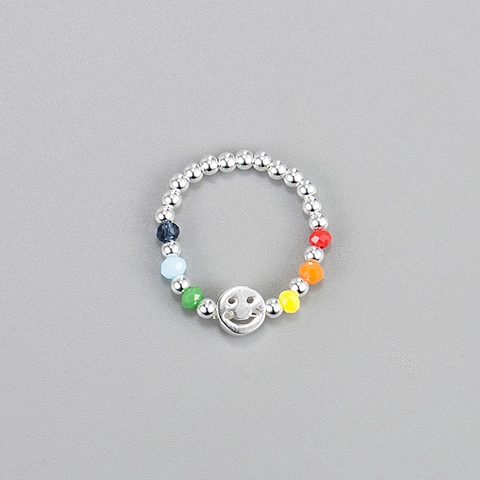 Beaded Ring 925 Sterling Silver Colorful Beads Smile Face Elastic Stretch Adjustable Ring For Women Korean INS Style