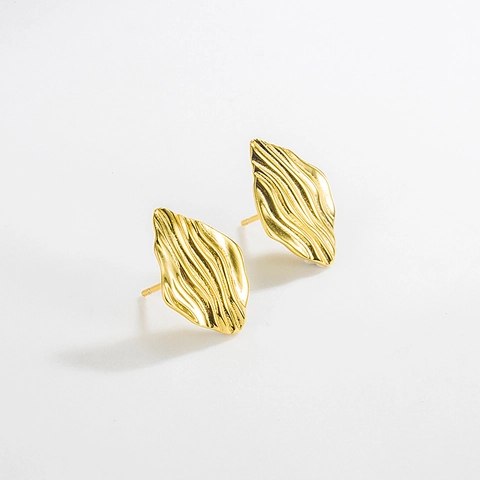Orecchini a Bottone in Argento Sterling 925 Foglia Geometrica Rombo a Righe Placcato Oro 18K Gioielli Minimalisti da Donna