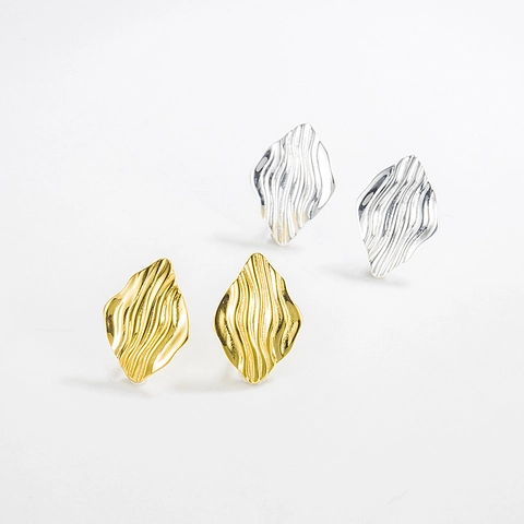 Orecchini a Bottone in Argento Sterling 925 Foglia Geometrica Rombo a Righe Placcato Oro 18K Gioielli Minimalisti da Donna