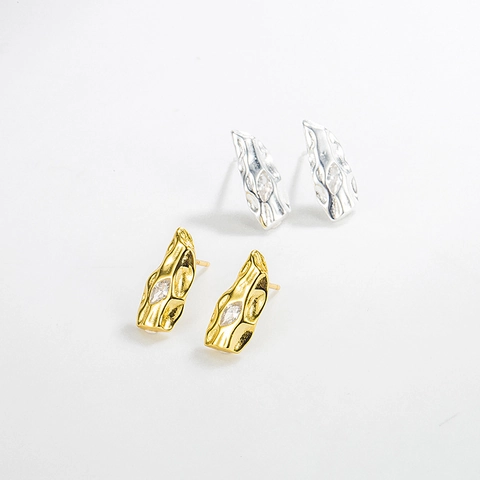 925 Sterling Silver Irregular Textured Stud Earrings For Women Minimalist Lava Metal Geometric Zirconia Inlaid Earrings