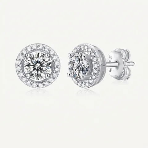 Orecchini a Bottone in Argento Sterling 925 con Moissanite Tondi Halo Scintillanti Gioielli per Matrimonio Regalo Donna