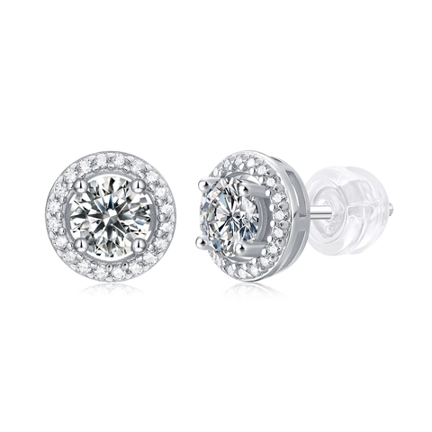 Orecchini a Bottone in Argento Sterling 925 con Moissanite Tondi Halo Scintillanti Gioielli per Matrimonio Regalo Donna