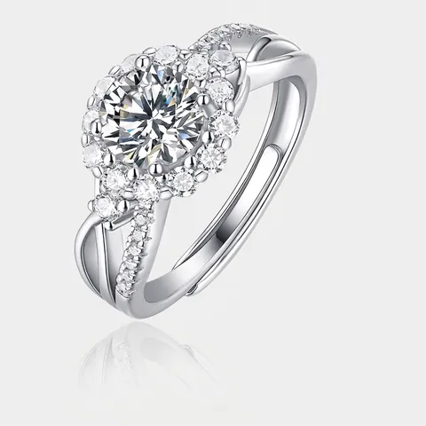 Anillo de Plata de Ley 925 Moissanita para Mujer Anillo de Dedo Abierto Ajustable Personalizado Joyería Clásica Halo Solitario