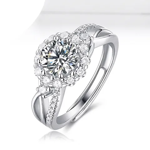 Anillo de Plata de Ley 925 Moissanita para Mujer Anillo de Dedo Abierto Ajustable Personalizado Joyería Clásica Halo Solitario