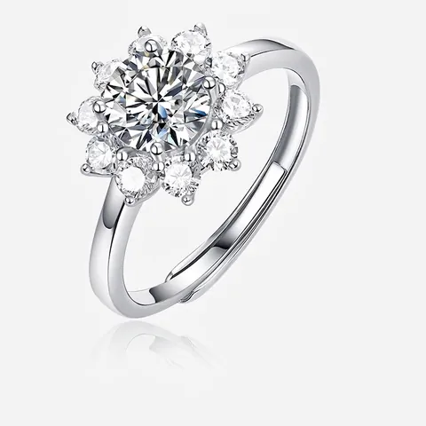 Luxury S925 Sterling Silver Moissanite Sunflower Ring For Women Adjustable Sparkling Flower Engagement Wedding Jewelry