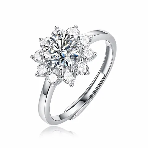 Luxury S925 Sterling Silver Moissanite Sunflower Ring For Women Adjustable Sparkling Flower Engagement Wedding Jewelry