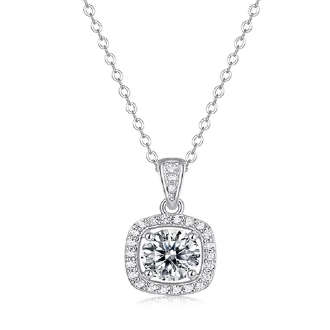 Luxus 925 Sterlingsilber 1ct Moissanit Halskette Quadratischer Halo Anhänger Funkelnde Schlüsselbeinkette Damen Schmuck