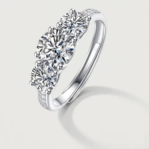 Anillo de Moissanita de Plata de Ley 925 para Mujer Diseño de Tres Piedras Color D VVS1 Ajustable Joyería Regalo