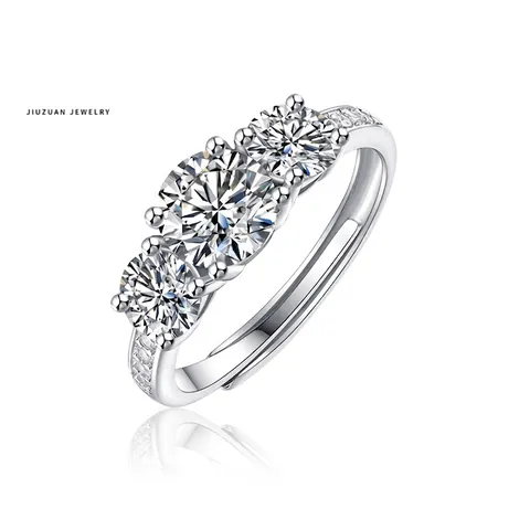 Anillo de Moissanita de Plata de Ley 925 para Mujer Diseño de Tres Piedras Color D VVS1 Ajustable Joyería Regalo
