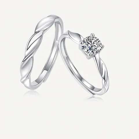 S925 Sterling Silver Moissanite Couple Rings Set Adjustable Twist Design Solitaire Moissanite Inlaid Open Ring Fashion Jewelry Gift For Lovers