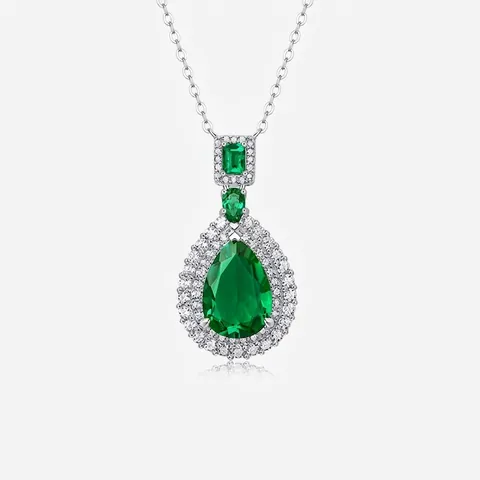 925 Sterling Silver Pendant Necklace With Lab Created Emerald Ruby Teardrop Stones And Rhinestone For Women Fine Jewelry