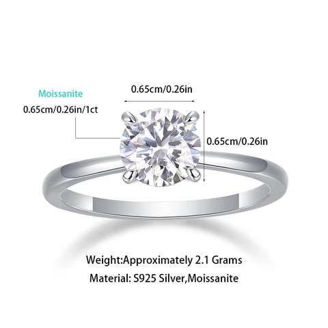 Classic 925 Sterling Silver Moissanite Lab-Grown Diamond Ring For Women Round Brilliant Cut Solitaire Engagement Wedding Band