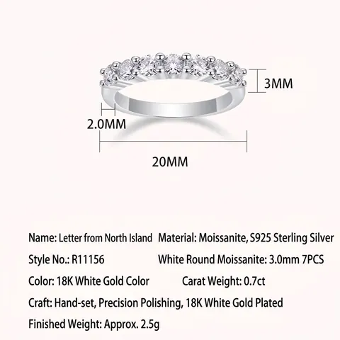 Anillo de Moissanita en Fila de Plata de Ley S925 para Mujer Color D 3EX Corte Redondo Moissanita Media Eternidad Anillo Ajustable Con Certificado GRA Joyería de Moda