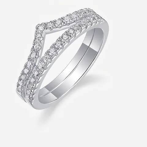 925 Sterling Silver Moissanite Stackable Ring Double Layer V-Shape Crown Geometric Wedding Band Commuter Jewelry For Women