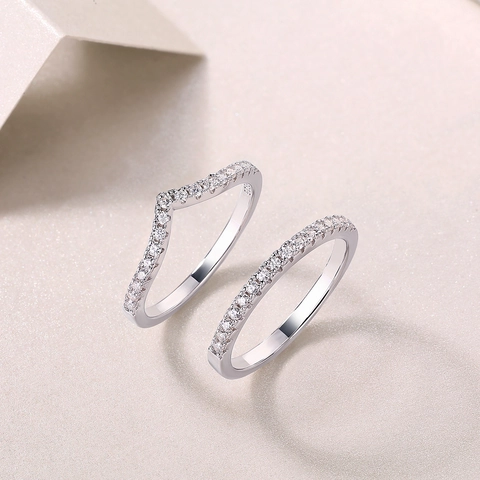 925 Sterling Silver Moissanite Stackable Ring Double Layer V-Shape Crown Geometric Wedding Band Commuter Jewelry For Women