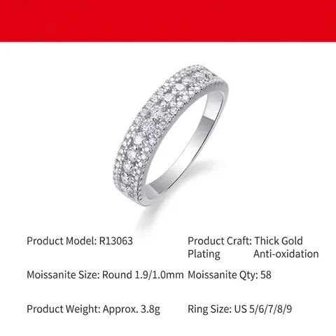 Anillo Pavé de Moissanita de Plata de Ley 925 de Lujo para Mujer Elegante Anillo Incrustado de Tres Filas Joyería de Moda Regalo Talla US 5-9