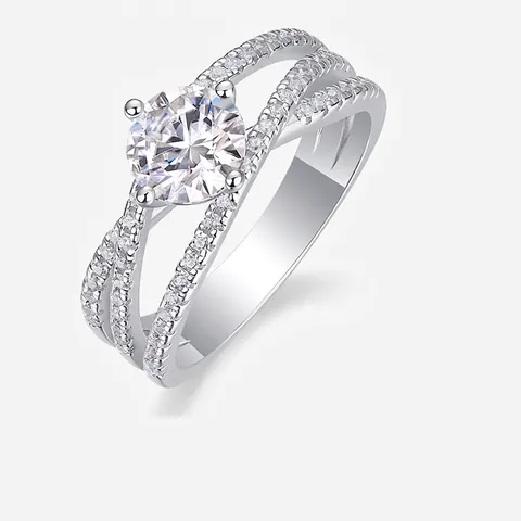 Luxury 925 Sterling Silver Moissanite Ring For Women Round Brilliant Cut Criss Cross Triple Band Engagement Wedding Ring