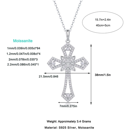 S925 Sterling Silver Moissanite Cross Pendant Necklace For Women Men Gothic Flower Hollow Out Religious Jewelry Gift