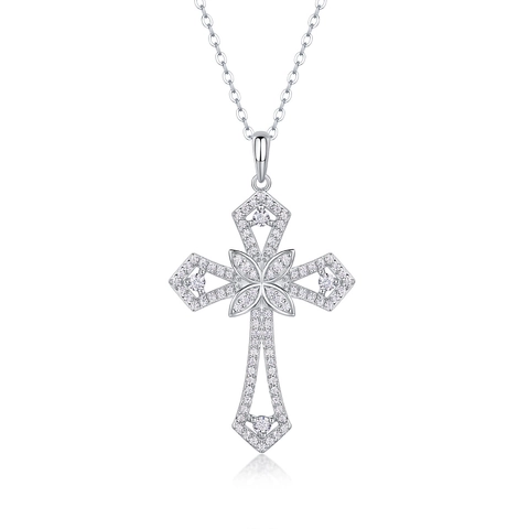 925 Sterling Silver Moissanite Cross Pendant Necklace For Women Elegant Hollow Floral Design Fashion Jewelry Clavicle Chain Gift