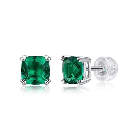 Pendientes de Botón de Plata de Ley 925 con Esmeralda Creada en Laboratorio Corte Princesa Cuadrados para Mujer Joyería