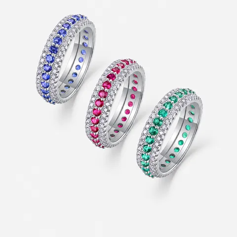 Anello Eternity in Argento Sterling 925 Moissanite per Donna Rubino Zaffiro Smeraldo Creato in Laboratorio Intarsiato a Tre File