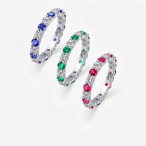 Anello Eternity in Argento Sterling 925 Moissanite per Donna Zaffiro Rubino Smeraldo di Laboratorio Fede Nuziale con Gemme