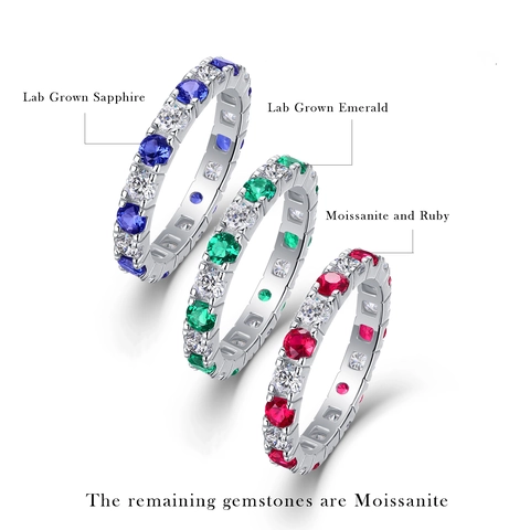 Anello Eternity in Argento Sterling S925 Moissanite Rubino Zaffiro Smeraldo di Laboratorio Gioielli da Sposa Intarsiati Geometrici per Donna