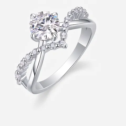 Anillo de Plata de Ley 925 Moissanita Redonda Anillo de Compromiso en Forma de V Incrustado Joyería de Boda Regalo Mujer