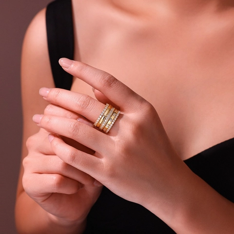 Set di Anelli Impilabili in Argento Sterling 925 con Moissanite Placcato Oro 18K Fascia Eternity Per Donna Gioielli Moda